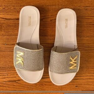 Michael Kors Womens MK Slide Glitter Platform Sandal Flip Flops 10 White Gold